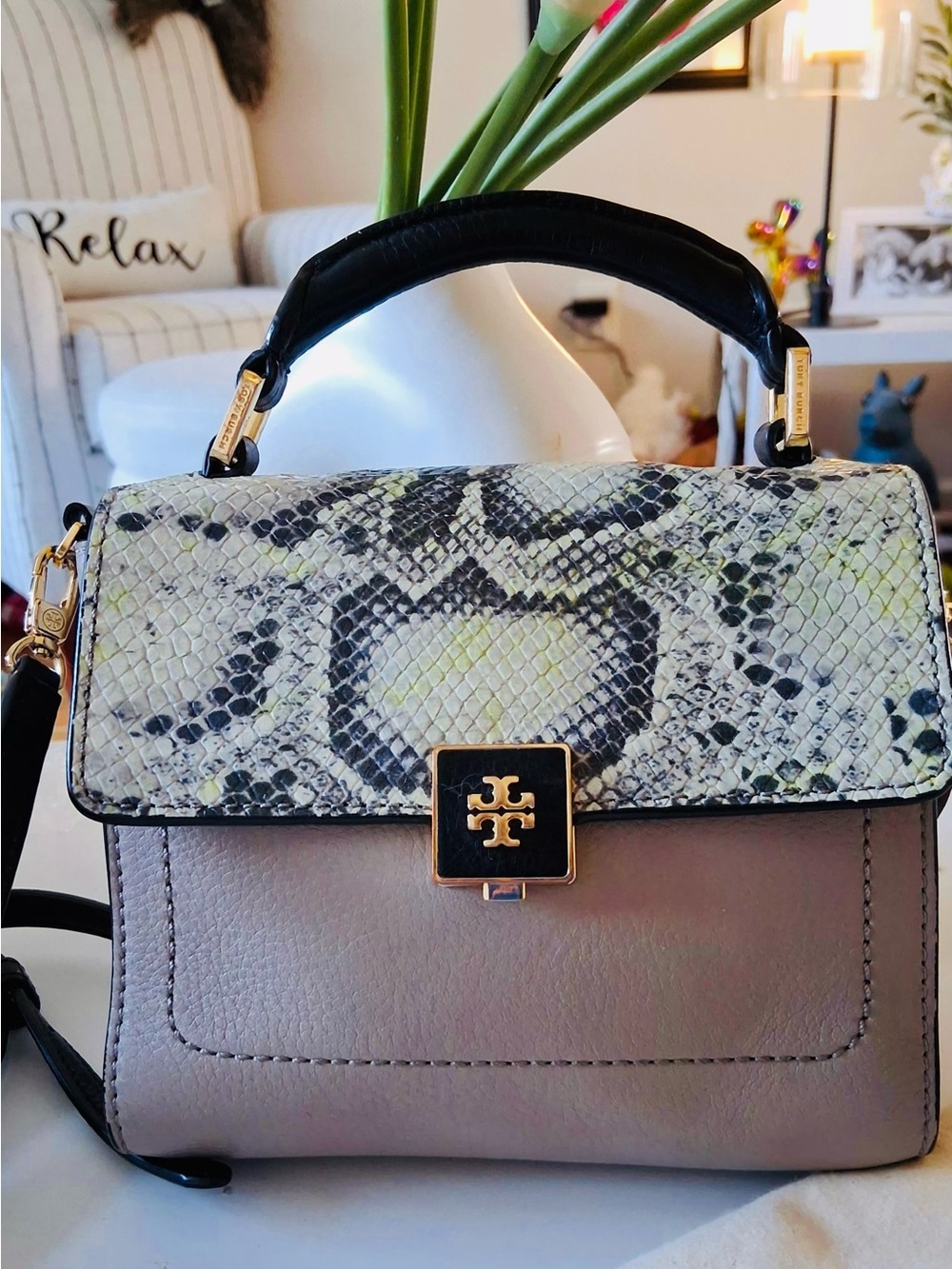 TORY BURCH MIINI TOP HANDLE CROSSBODY SNAKE LEATHER BAG
